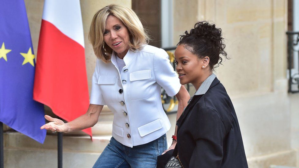 Brigitte Macron meeting pop star and charity founder Rihanna to the Elysee Palace, 26 July 2017