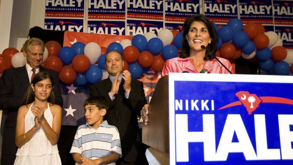 Nikki Haley speaks to supporters as she comes onto stage during an election party in 2010
