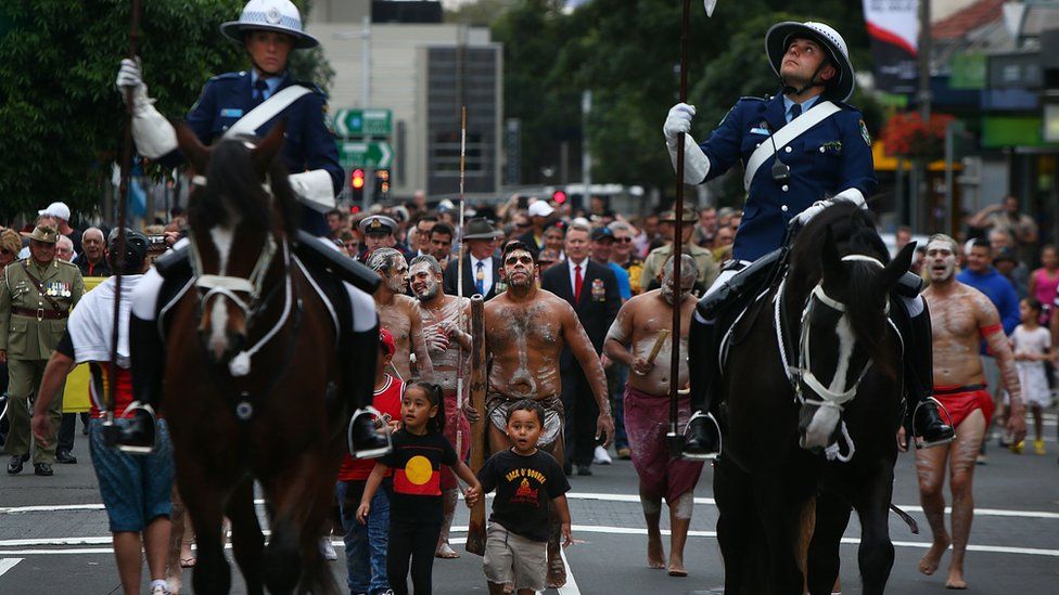 Indigenous service people and families in an Anzac Day march in Sydney in 2017