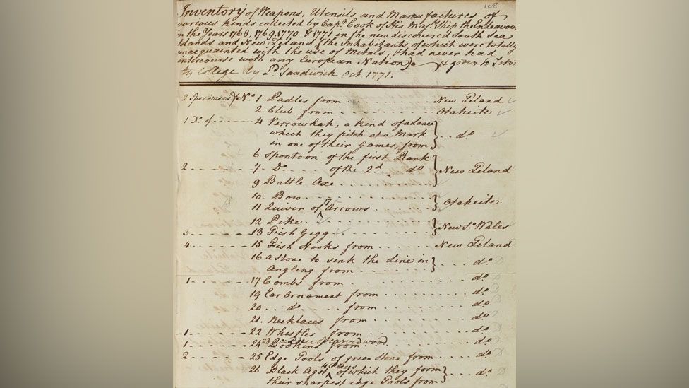 A 1771 inventory of items donated to Trinity College Cambridge of artefacts collected during HMB Endeavour's voyagle