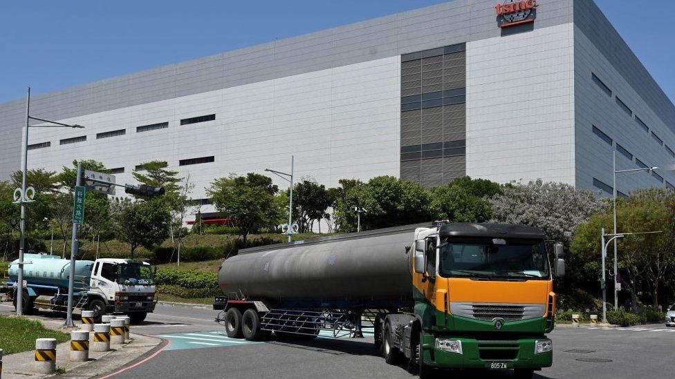 Water trucks arrive at TSMC factory in Taichung, central Taiwan