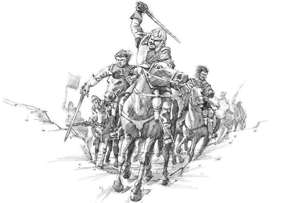Reconstruction drawing depicting Scottish cavalry soldiers
