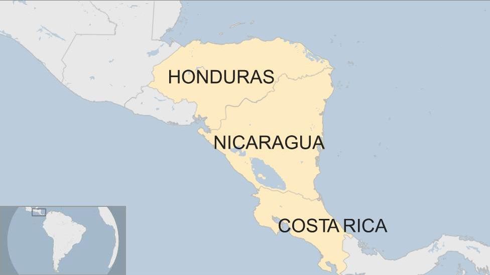 Map that shows Honduras, Nicaragua and Costa Rica on Latin America