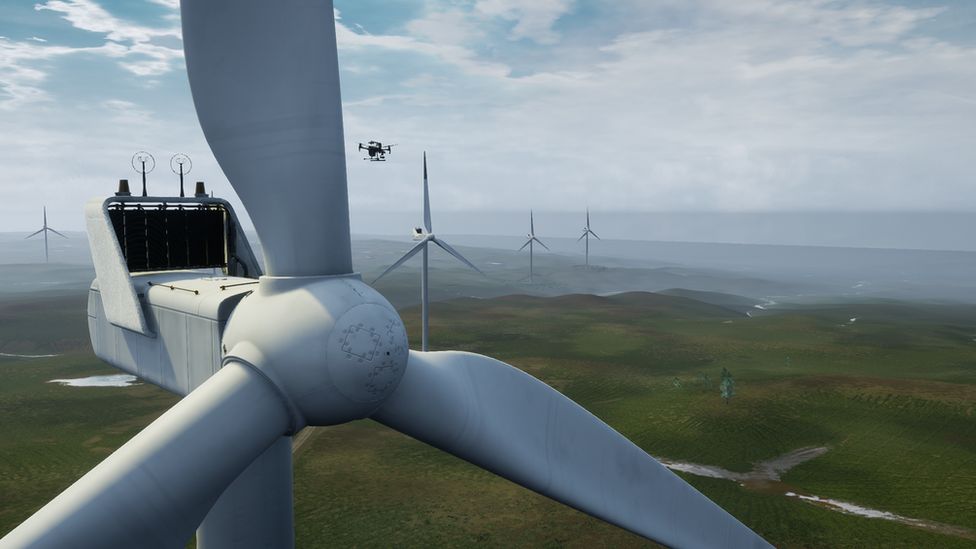 A simulated drone flying next to a wind turbine.
