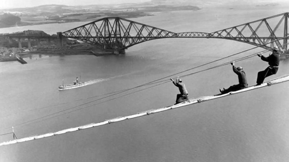 Workers building the Forth Road Bridge