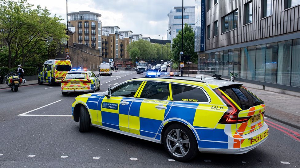 Police and emergency services attend the scene of a traffic accident on the A1203 The Highway near Wapping on 7th May 2024 in London,