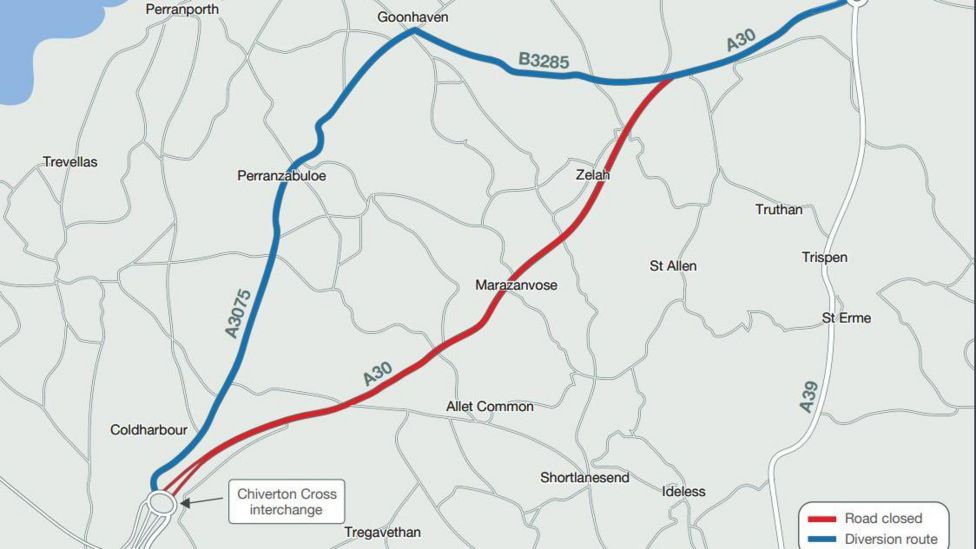 Overnight A30 road closures to cause disruption in Cornwall BBC News