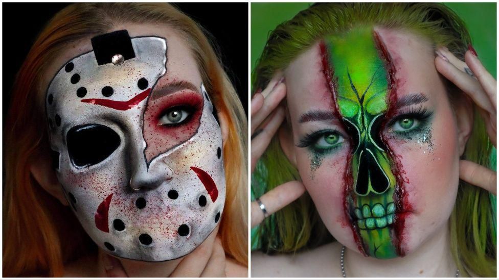 Split image of two Halloween-themed looks on Beckii - one white with eye missing, one a green skeleton through the middle of her face