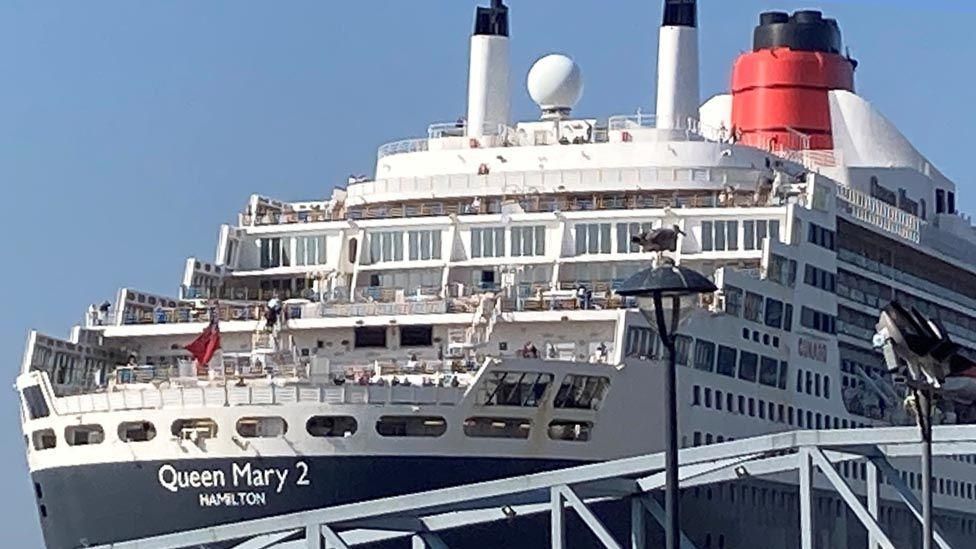 Close up of the bow of the Queen Mary 2 berthed in Liverpool