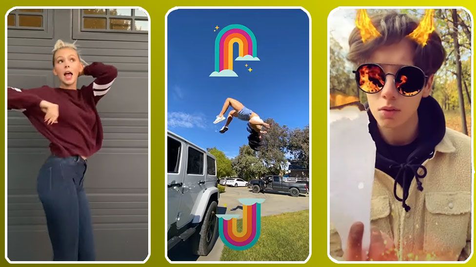 A three-part composite of Snapchat's marketing for the feature shows a girl dancing, another doing a backflip, and a boy lighting a piece of paper on fire with the flames reflected in his sunglasses