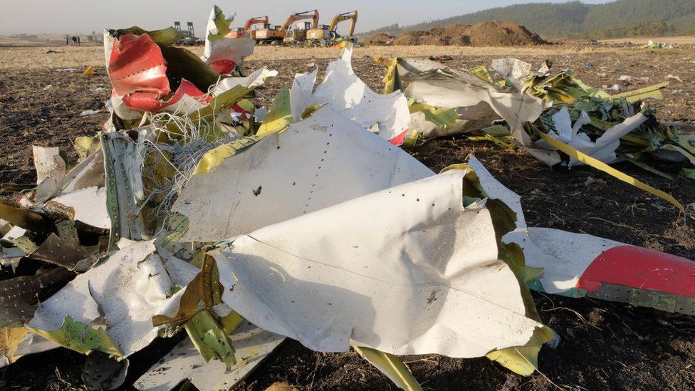 Wreckage lies at the crash site of Ethiopia Airlines Boeing 737 Max 8
