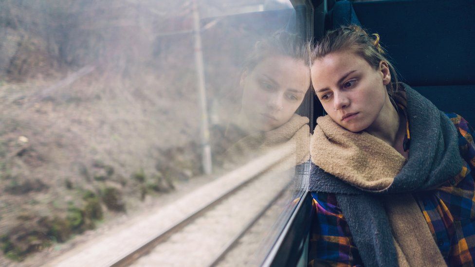Woman on a train stock image