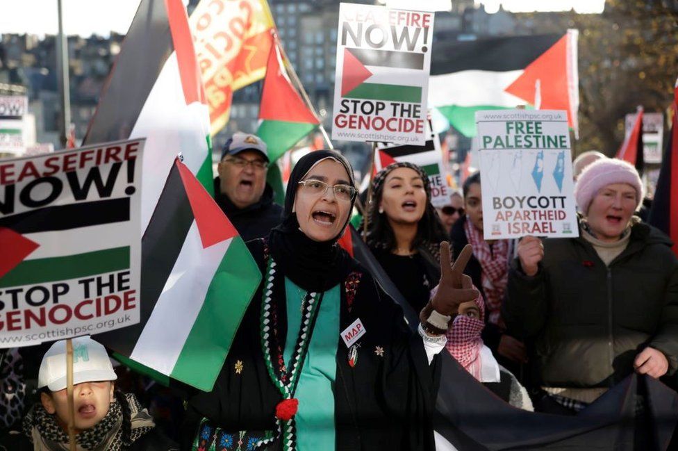 Protesters participated in a Pro-Palestine march at Waverley Bridge in Edinburgh
