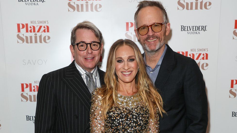Matthew Broderick, Sarah Jessica Parker and John Benjamin Hickey attend the gala performance after party for "Plaza Suite" at The Savoy Hotel on January 28, 2024 in London, England