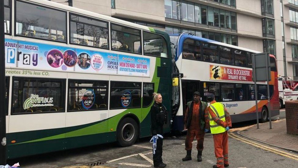 Manchester city centre bus crash leaves passengers hurt BBC News