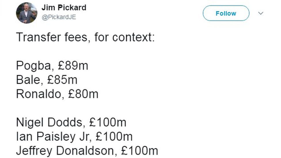 Jim Pickard, chief political correspondent with the Financial Times, tweeted some record-breaking transfer fees on Monday, by way of comparison