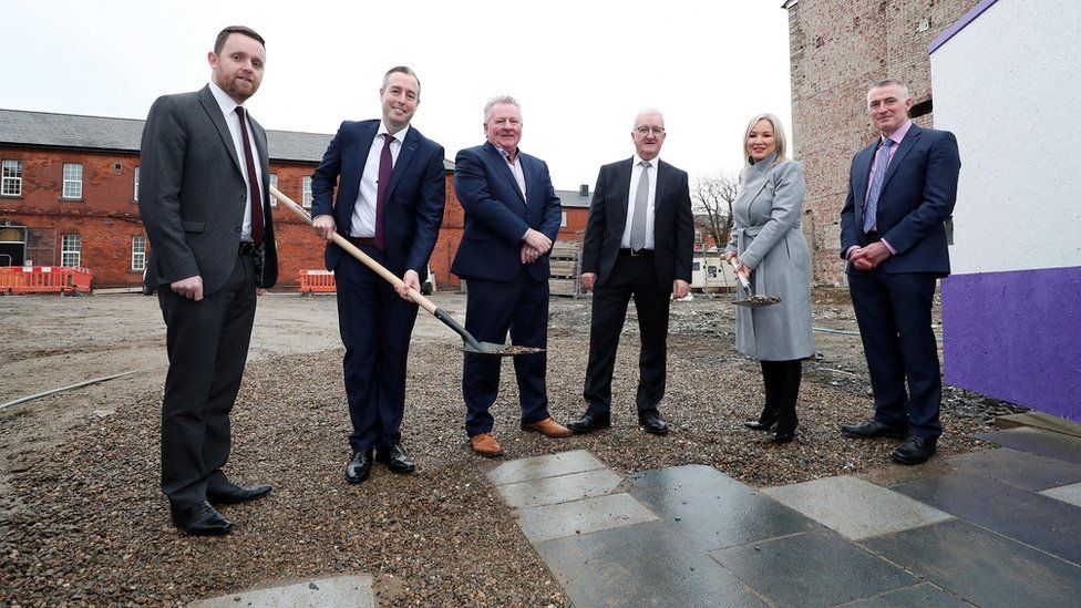 Paul Givan and Michelle O'Neill visit the site of a new hotel in Londonderry's Ebrington Square