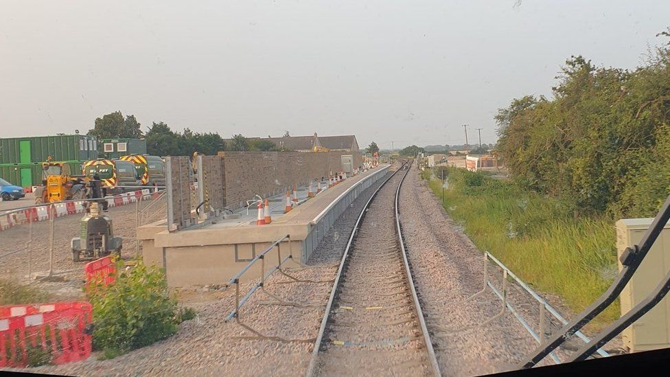 Approaching Soham station, under construction in August