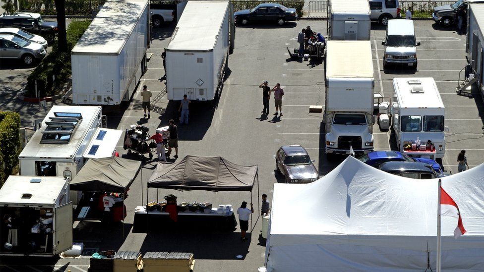 Film Set Support Crew and Trailers on Location close to the Port of Los Angeles USA