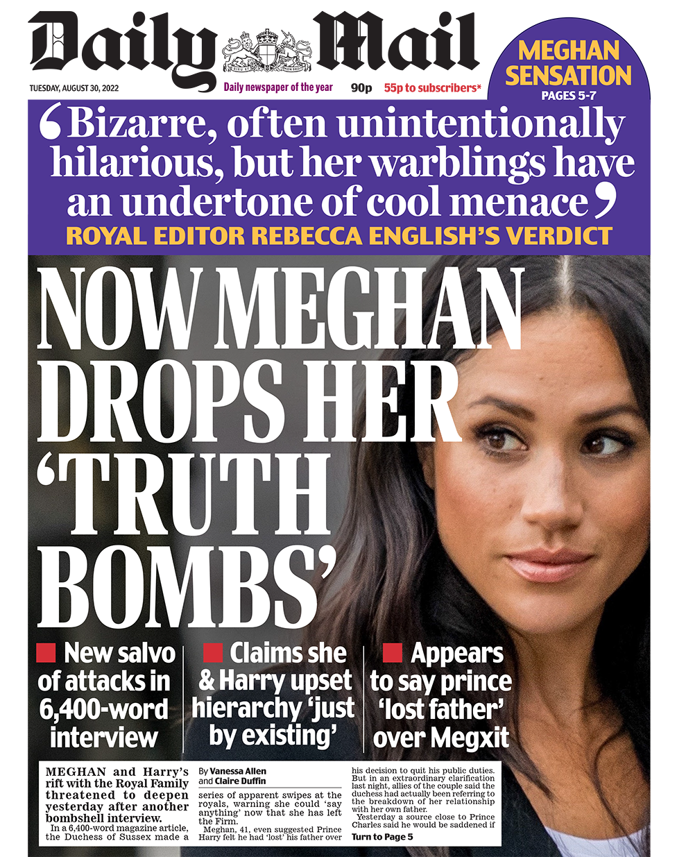 The headline in the Daily Mail reads 'Now Meghan drops her truth bombs'