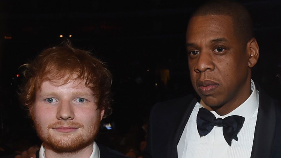 Ed Sheeran and Jay Z at the 2015 Grammys