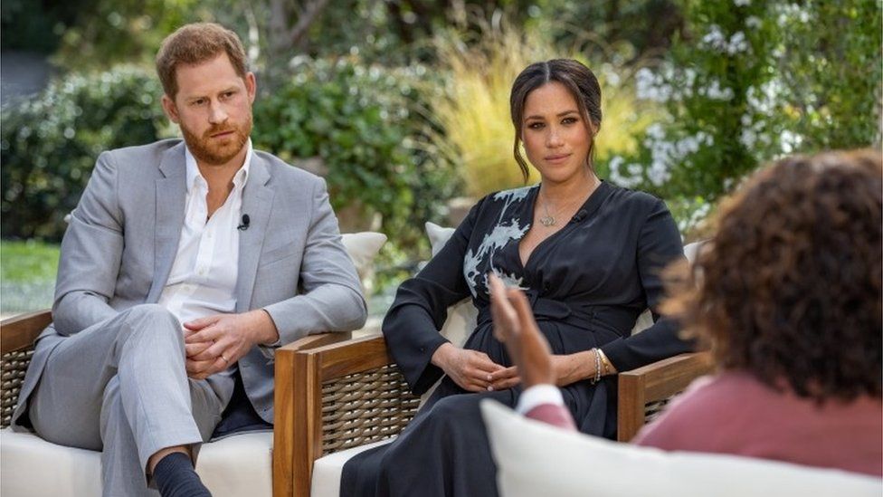 Prince Harry and Meghan, Duchess of Sussex, being interviewed by Oprah Winfrey