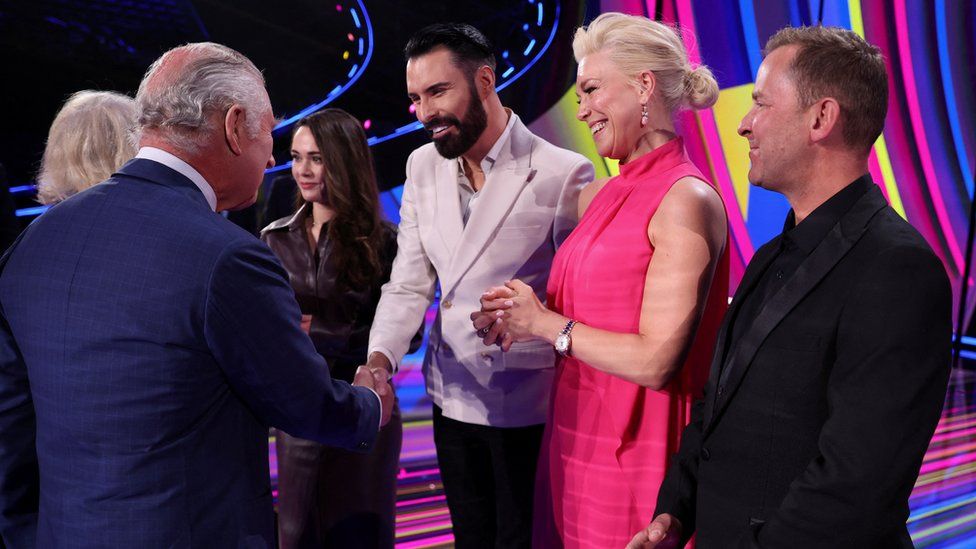 Britain's King Charles III and Camilla, Queen Consort meet the presenters of this year's Eurovision Song Contest, Scott Mills, Hannah Waddingham, Julia Sanina and Rylan Clark at M&S Bank Arena in Liverpool