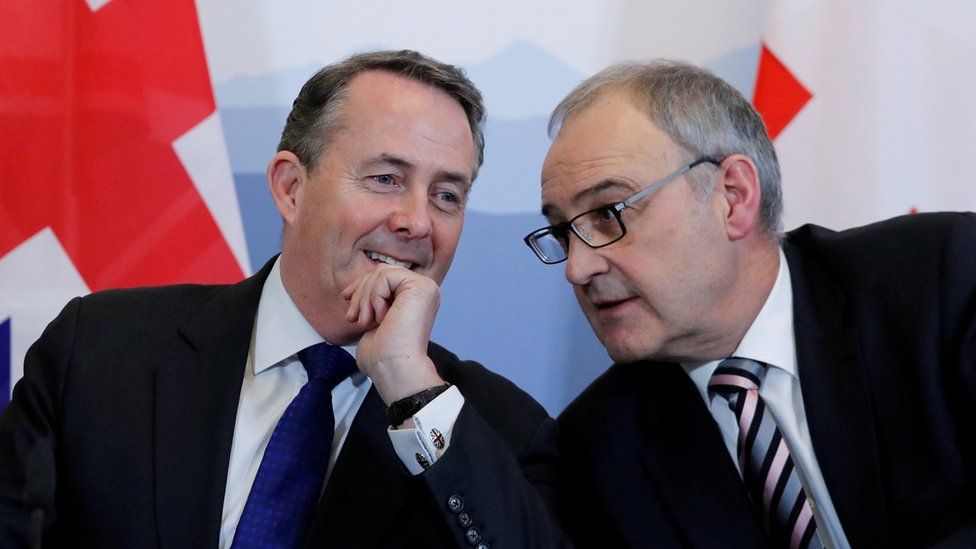 International Trade Secretary Liam Fox talks to Swiss Economy Minister Guy Parmelin