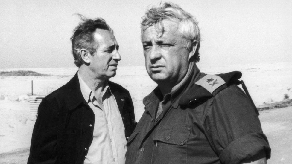 Shimon Peres (left) and Ariel Sharon (right) visit Ras Sudar in Egypt, 1975
