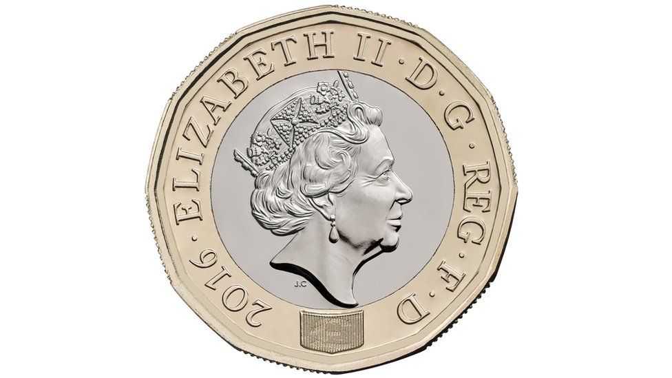 The design for the obverse of the new 12-sided £1 coin, which has gone into production a year before it starts to reach people's pockets.