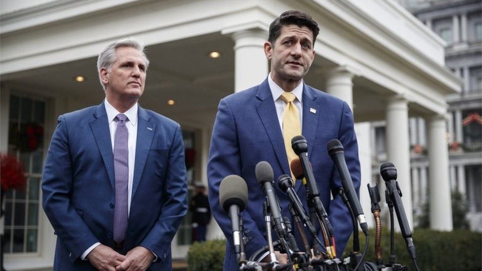 Speaker of the House Paul Ryan (R) and House Majority Leader Kevin McCarthy (L) deliver remarks to the White House press corps following a meeting with US President Donald J Trump about budget negotiations and border wall funding.