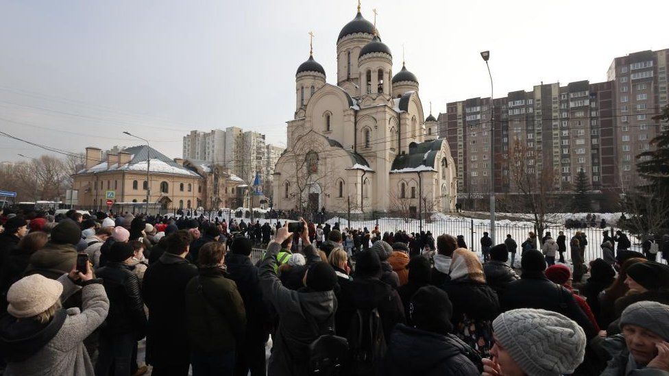 Mourners at the Church of the Icon of the Mother of God, 1 March 2024.