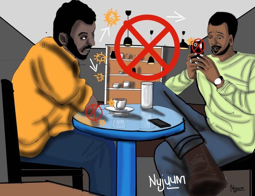 Two men sitting in a coffee shop spreading virus particles to each other with the artist showing where danger points are such as exposed elbows on tables and a lack of masks