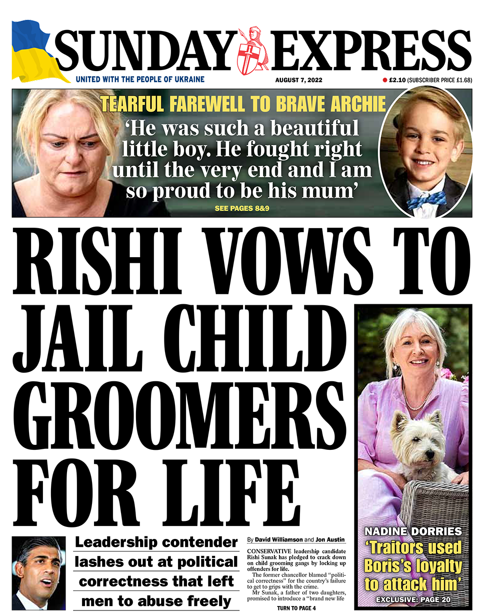 The headline in the Sunday Express reads 'Rishi vows to jail child groomers for life'