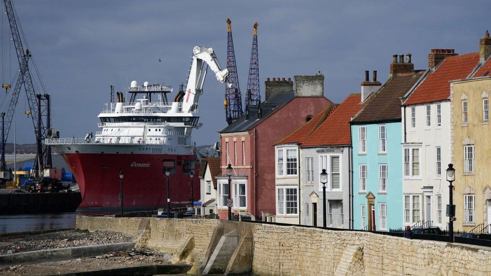 A supply vessel loads cargo at Hartlepool docks