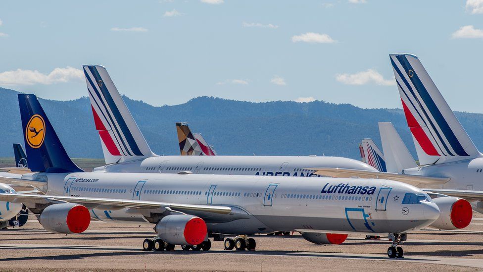 Lufthansa and Air France planes on a runway