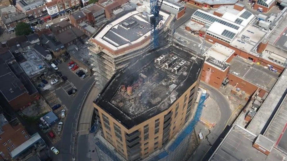 Birds eye view of the damaged block of flats from the fire 