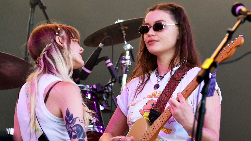 Hester Chambers (L) and Rhian Teasdale of Wet Leg perform during the 2022 Outside Lands Music and Arts Festival at Golden Gate Park on August 07, 2022 in San Francisco, California.