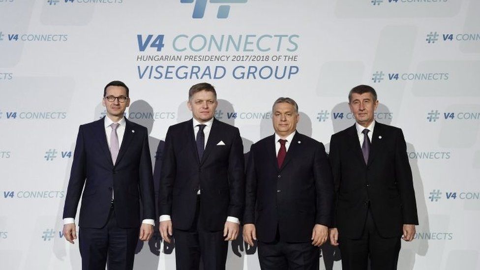 Visegrad leaders (L-R): Polish PM Mateusz Morawiecki, Slovak PM Robert Fico, Hungarian PM Viktor Orban and interim Czech PM Andrej Babis in Budapest, 26 Jan 18