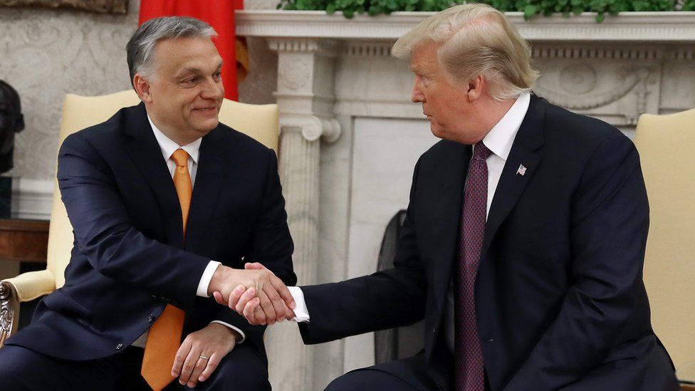 Hungarian Prime Minister Viktor Orban (left) shakes hands with US President Donald Trump in May 2019