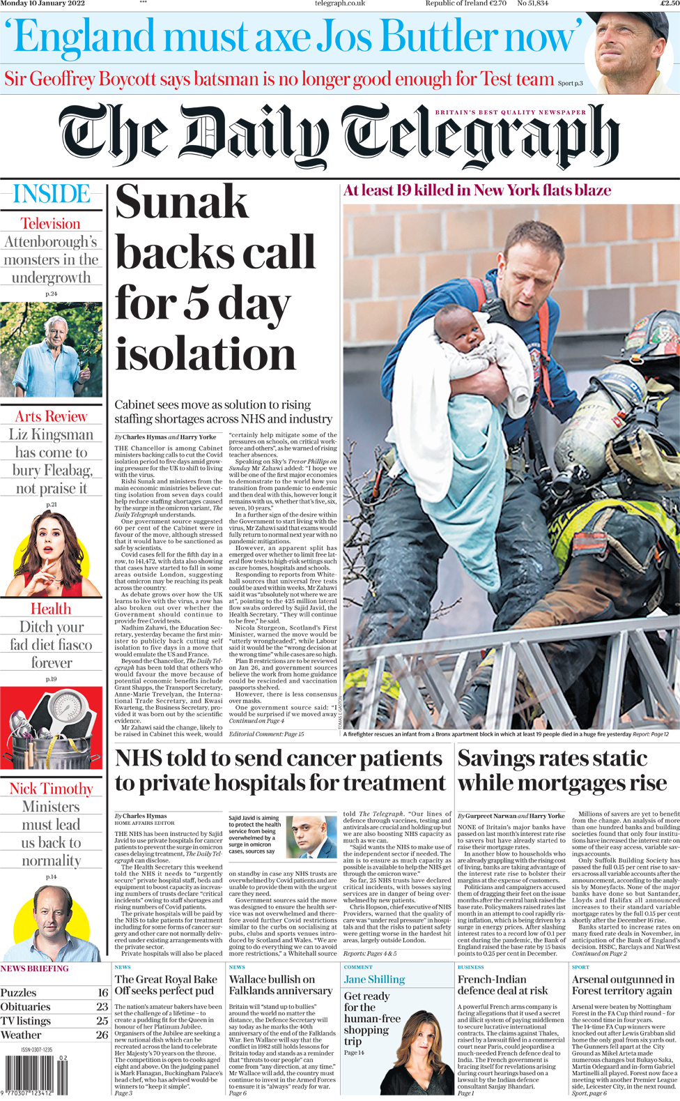 The Daily Telegraph front page 10 January 2022