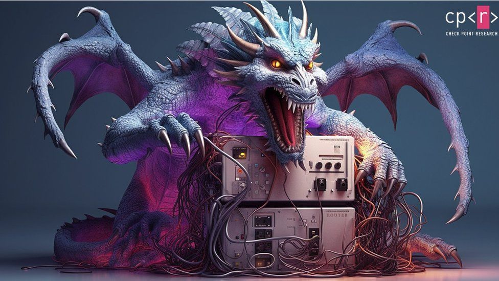 Иллюстрация контрольно-пропускного пункта дракона с компьютерами