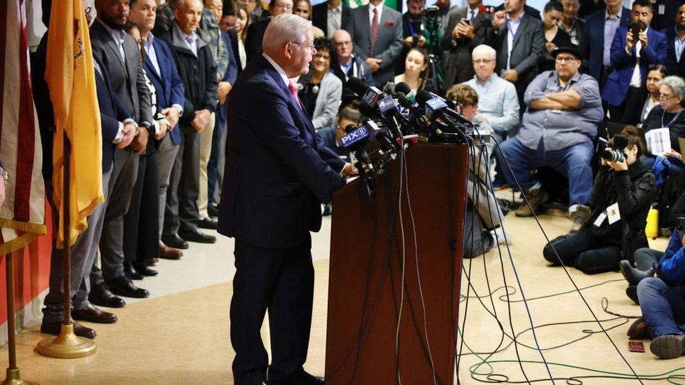 US Senator Bob Menendez (D-NJ) speaks during a news conference at Hudson County Community College's North Hudson Campus in Union City, New Jersey, on September 25, 2023.