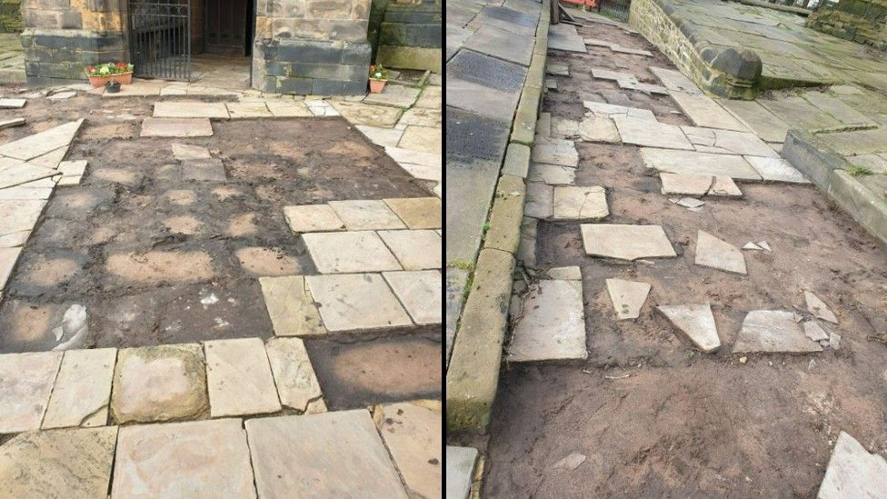 Ormskirk Parish Church path showing missing York stone slabs