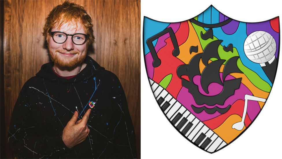 Ed Sheeran with his badge, shown in detail on the right