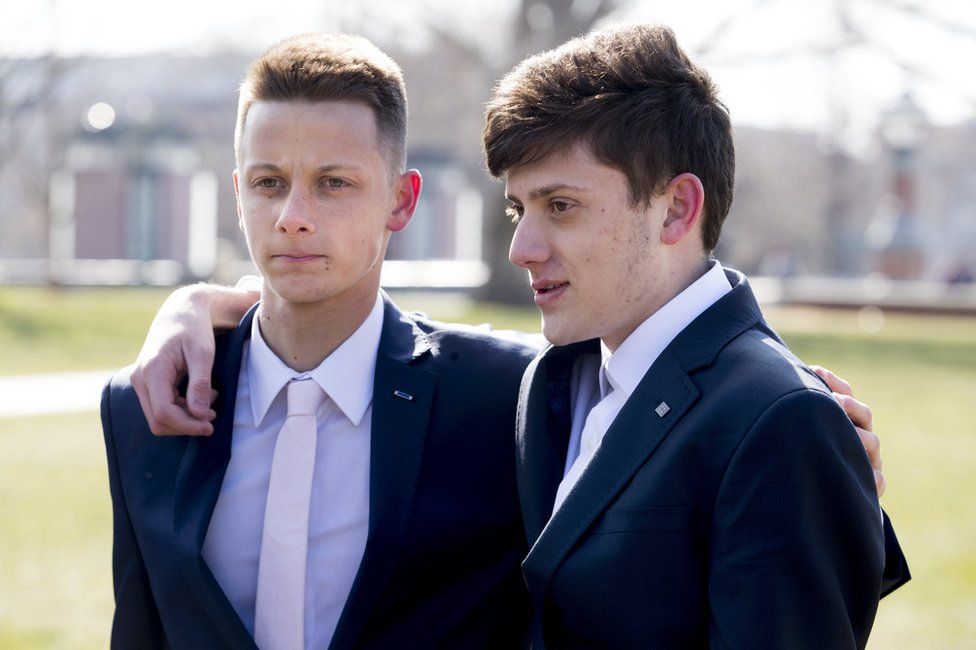 Marjory Stoneman Douglas High School students Patrick Petty (L) and Kyle Kashuv (R) attend a news conference held to introduce the "Students, Teachers, and Officers Preventing (STOP) School Violence Act of 2018", on Capitol Hill in Washington, DC, USA, 13 March 2018