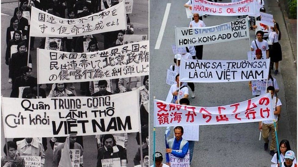 Cuộc biểu tình của sinh viên Việt Nam của 45 năm trước (trái) và nay vào 8/9/2019 tại Tokyo, Nhật Bản