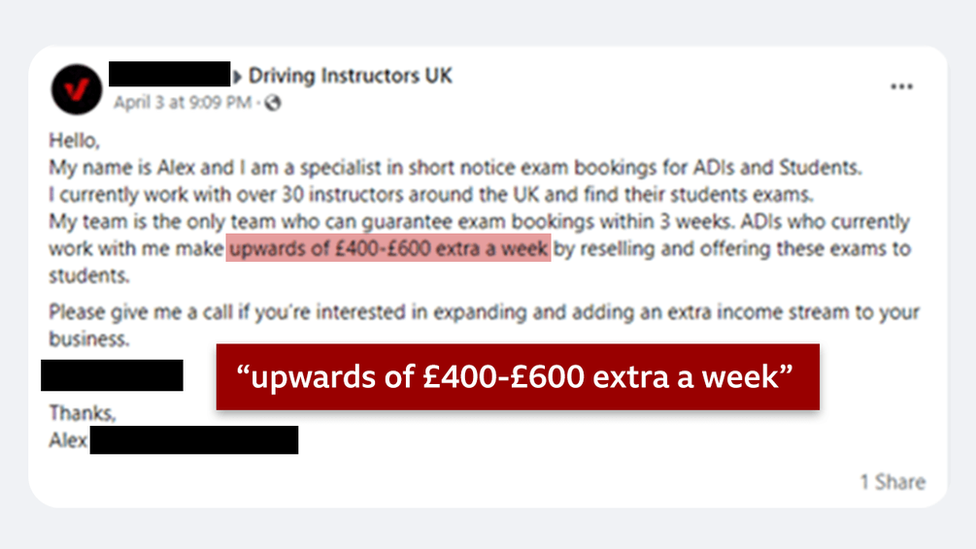 A Facebook advert which encourages driving instructors to resell driving tests for profit