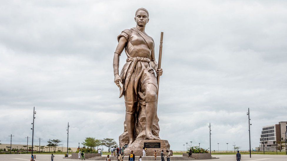 A giant 30-metre high bronze statue representing an Amazon, one of Benin's historic female warriors, in Cotonou on 17 September 2022