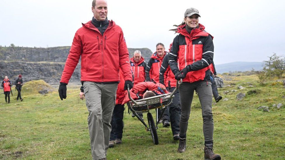 Britain's Prince William, Prince of Wales and Britain's Catherine, Princess of Wales take part in medical support exercises during a visit to the Central Beacons Mountain Rescue Team as part of a tour in Wales, on April 27, 2023. (Photo by Matthew Horwood / POOL / AFP) (Photo by MATTHEW HORWOOD/POOL/AFP via Getty Images)
